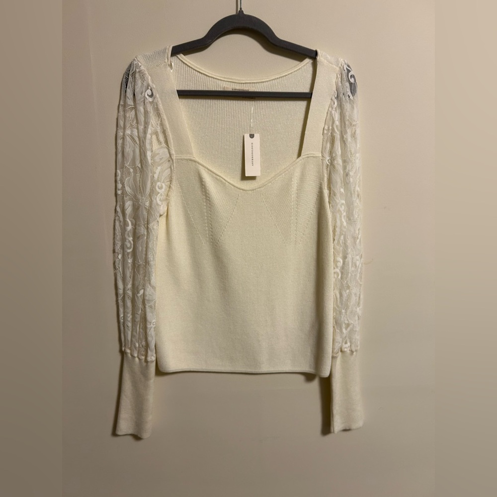 Anthropologie Ivory Knit Blouse with Lace Sleeves